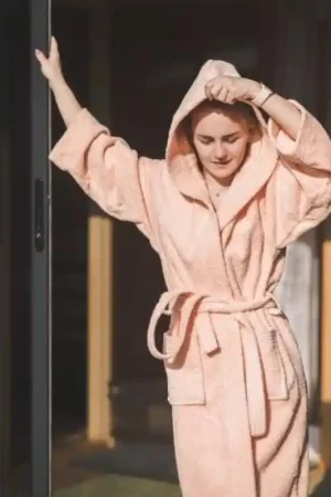 Nouvel Arrivage Robe de chambre en coton à capuche, couleur pêche